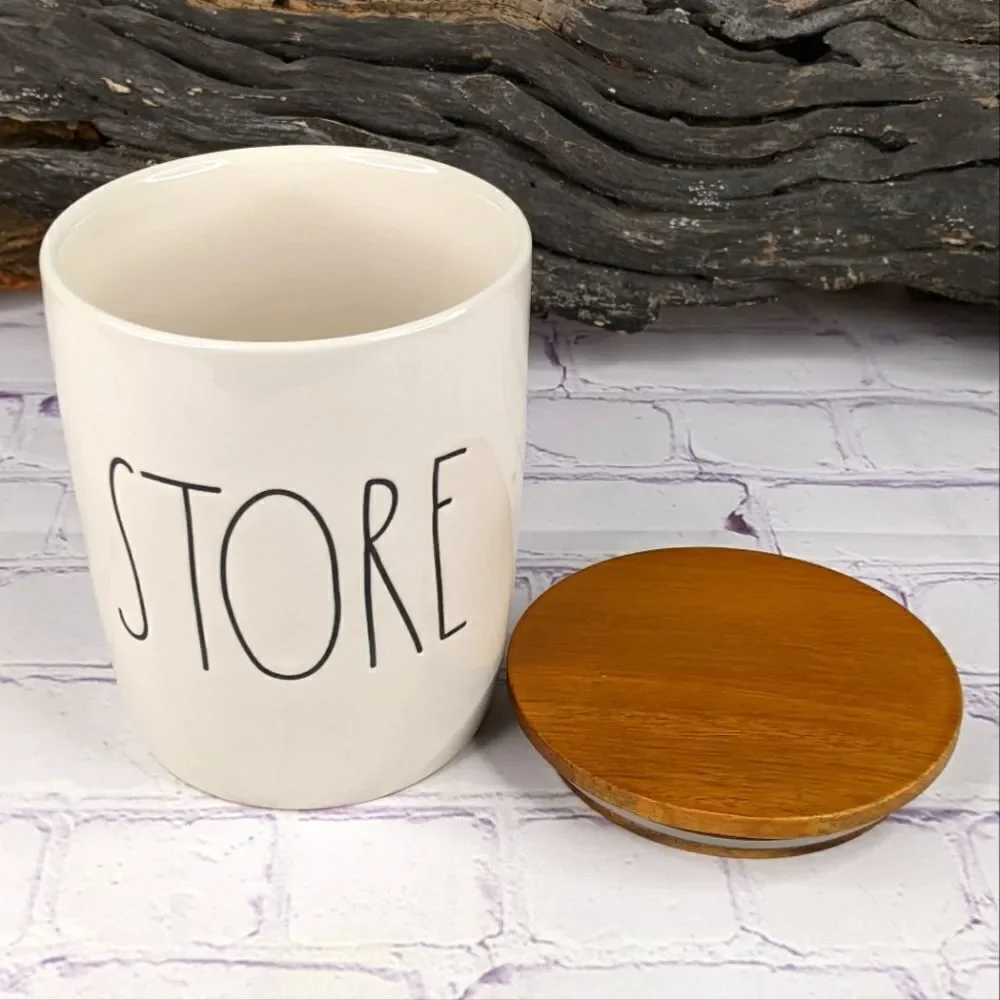 Rae Dunn STORE Ceramic Canister with Wooden Lid